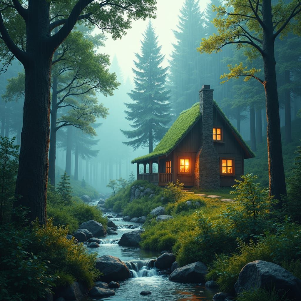 Cozy Cabin in Misty Forest: A Cinematic Matte Painting