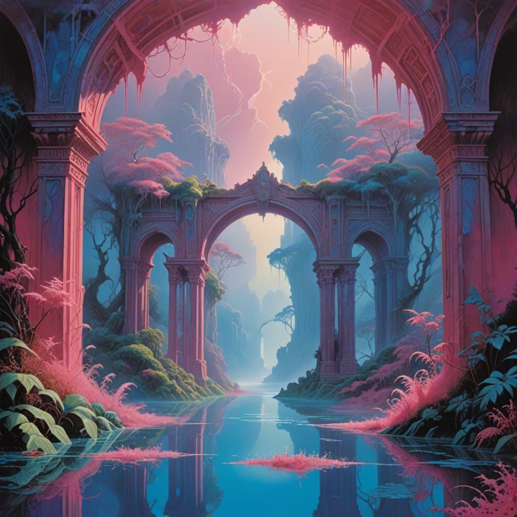Mystical Archway in Surreal Iridescent Landscape