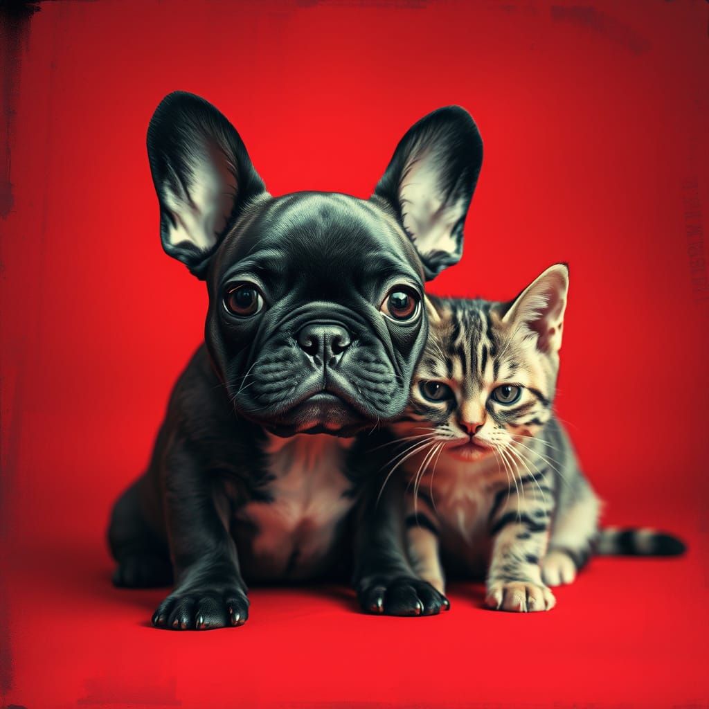 French Bulldog Puppy and Grumpy Kitty in Muted Risograph Sty...