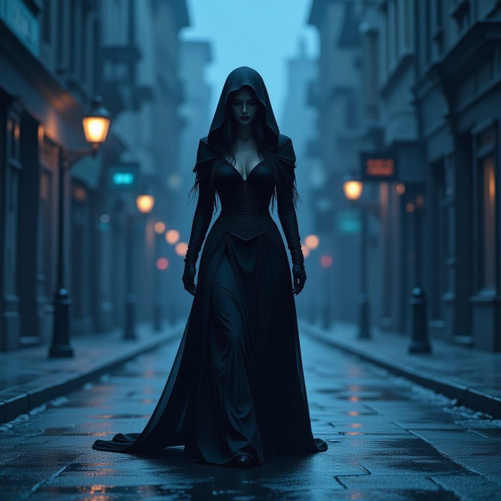 Spectral Woman Weeping in Shadowy City Night