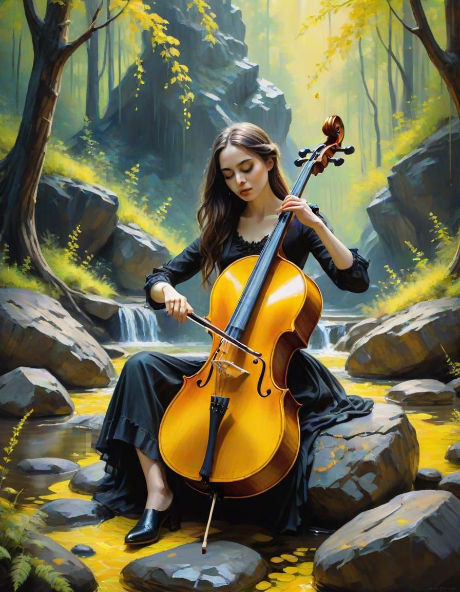Gothic Girl Plays Glowing Cello in Forest