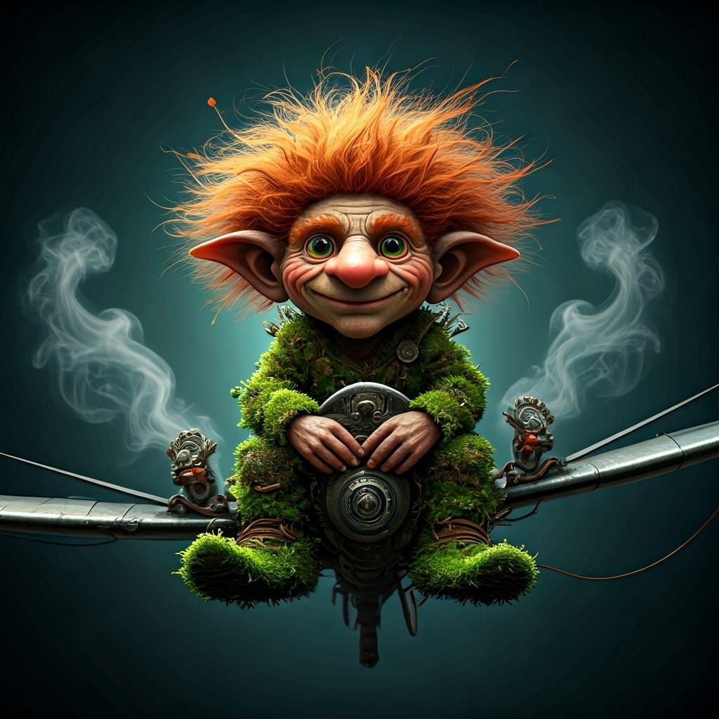 The wonderful flying troll on his funny machine