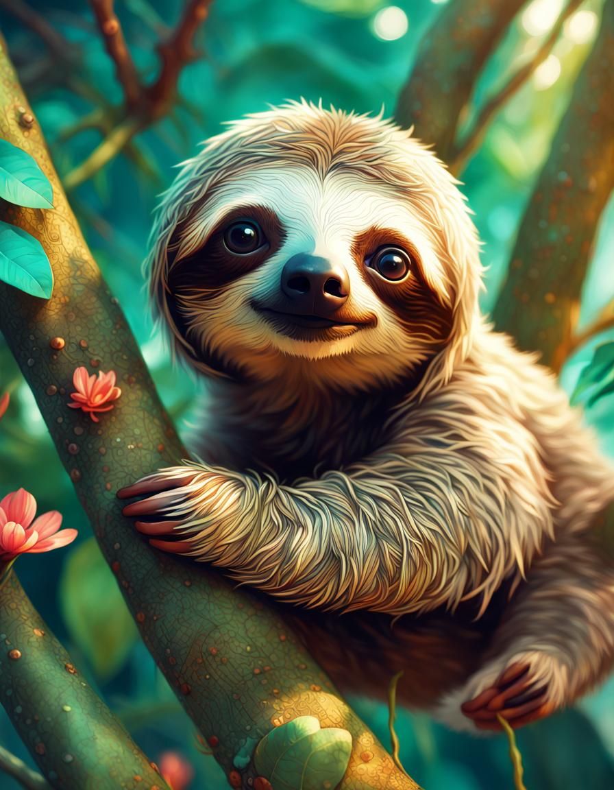 Colorful Baby Sloth Friendship in Detailed Fantasy Art