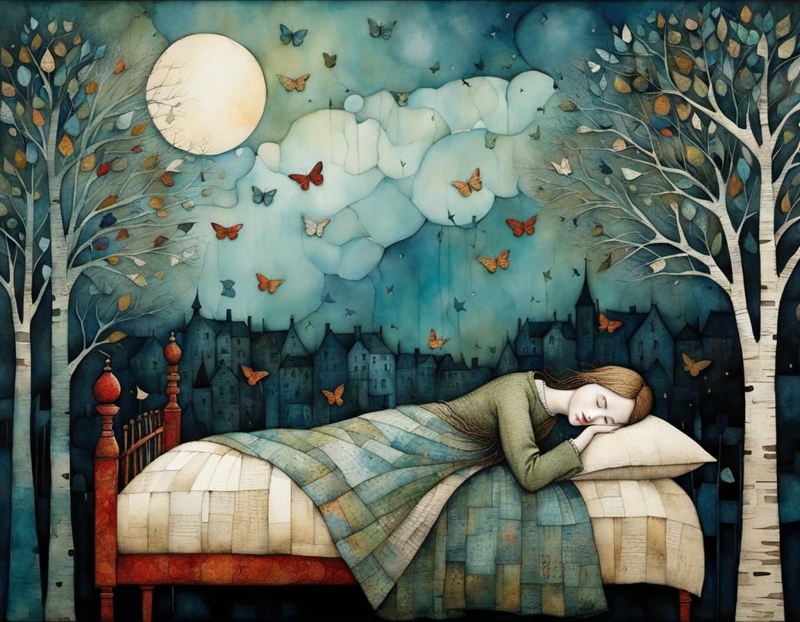 Whimsical Lullaby: Intricate Illustration with Cubist Detail...