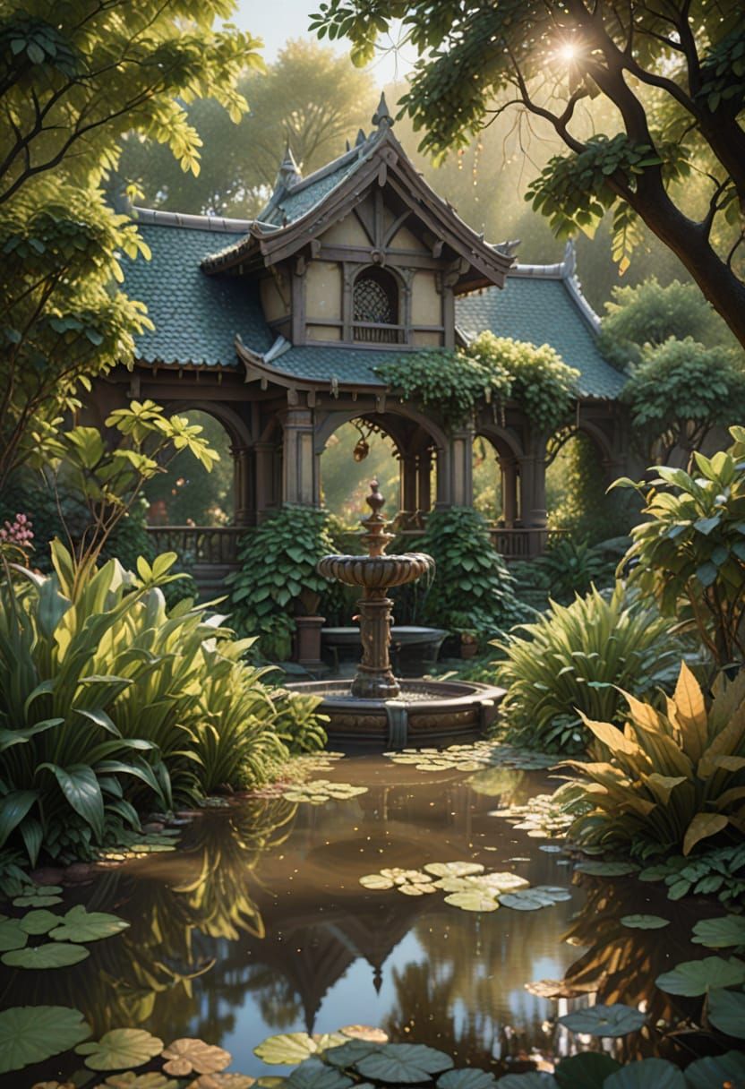 Golden Light Filters Through Enchanted Garden