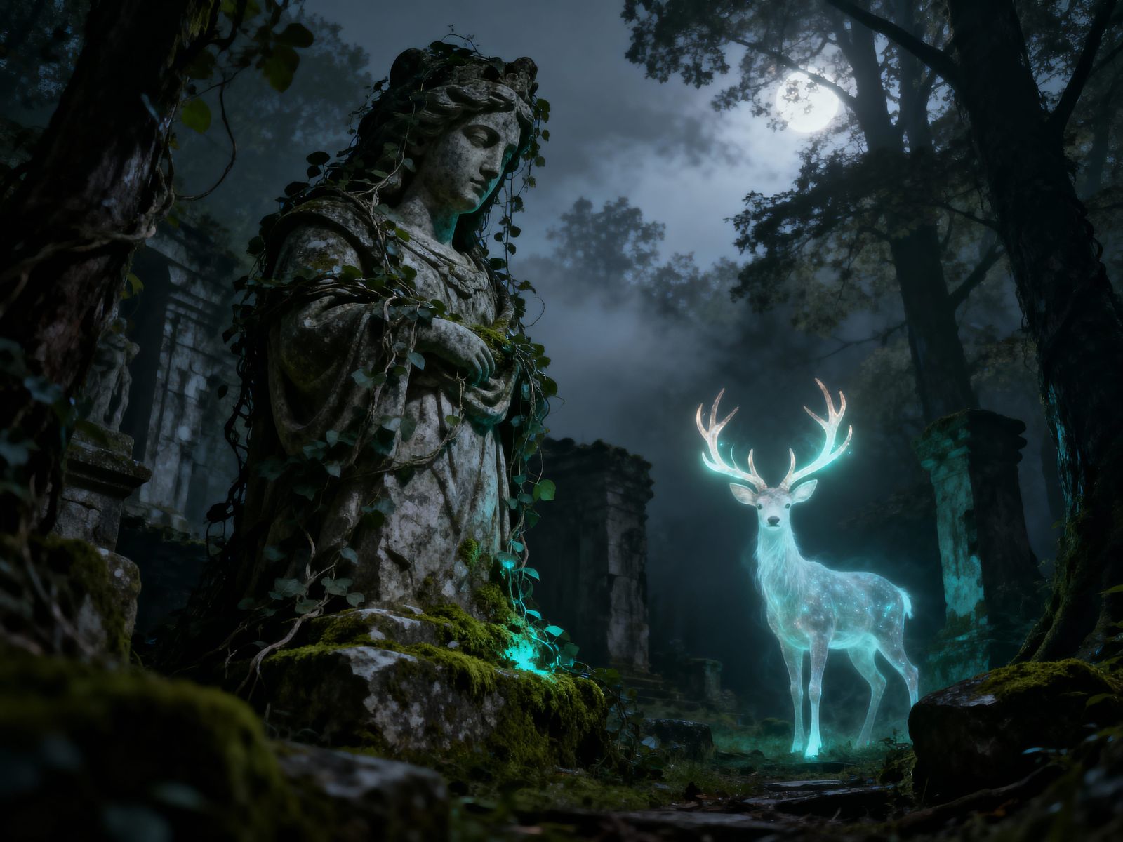 Spectral Deer in Whispering Forest of Mythological Ruins