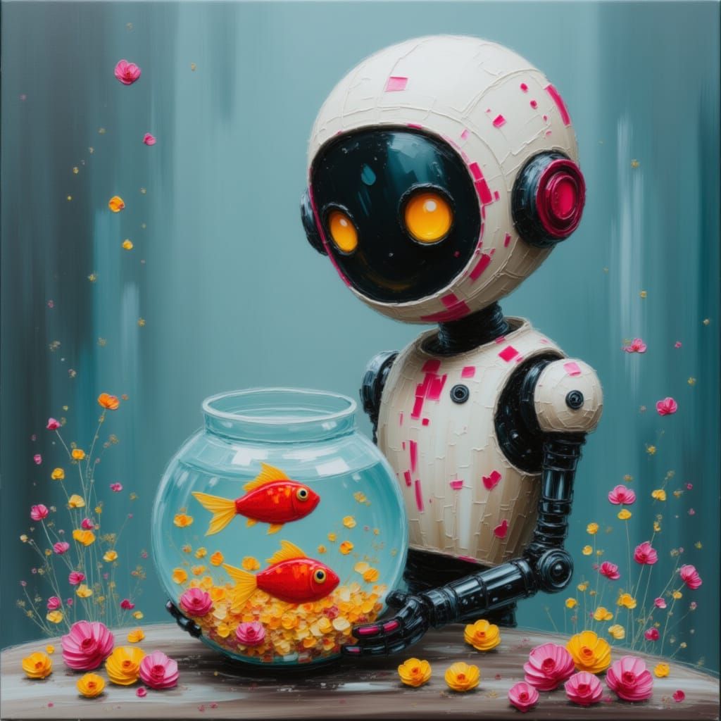 Cute Robot Holding a Fishbowl