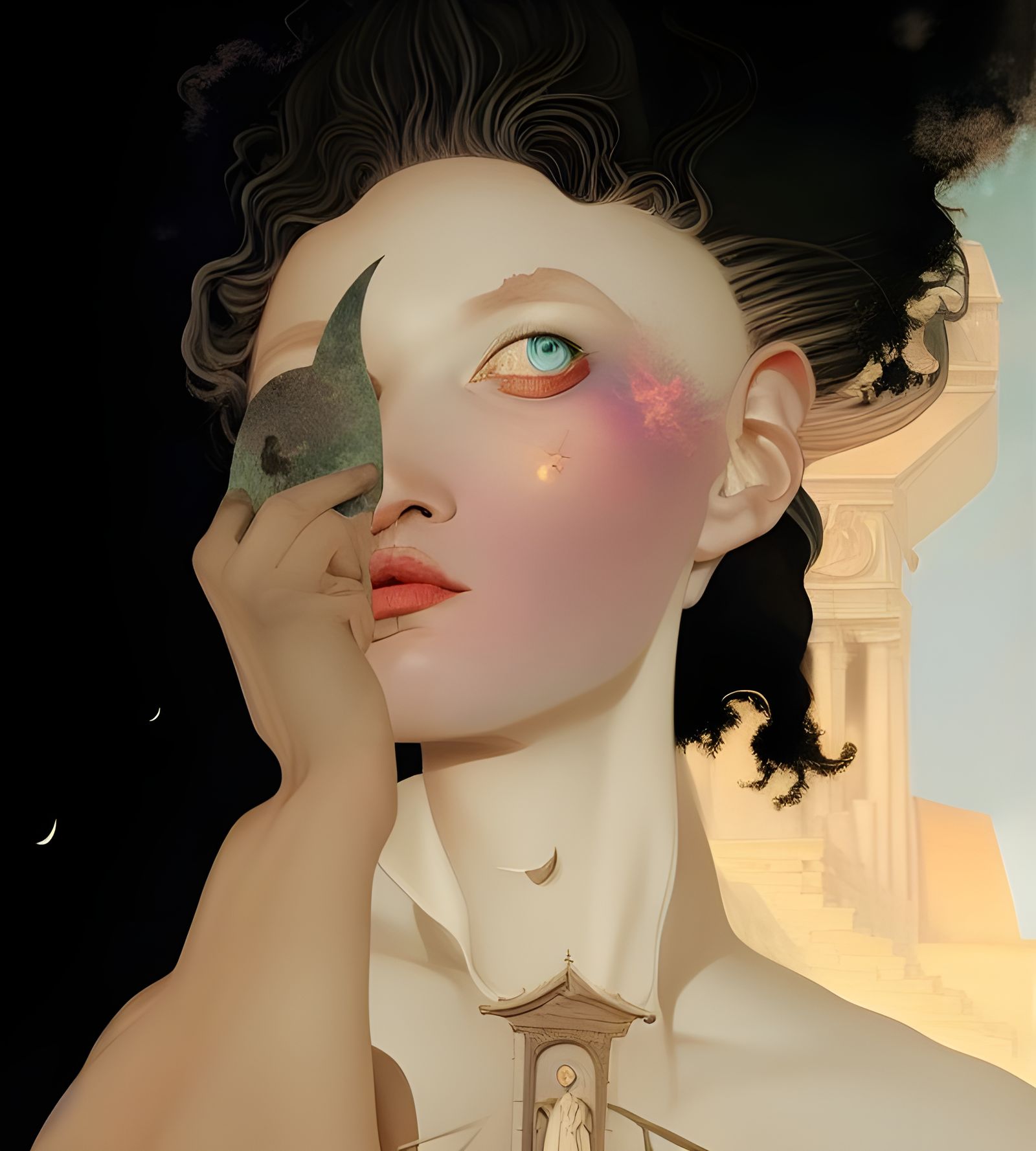 Surreal Ancient City with Celestial Light, Vivid Art