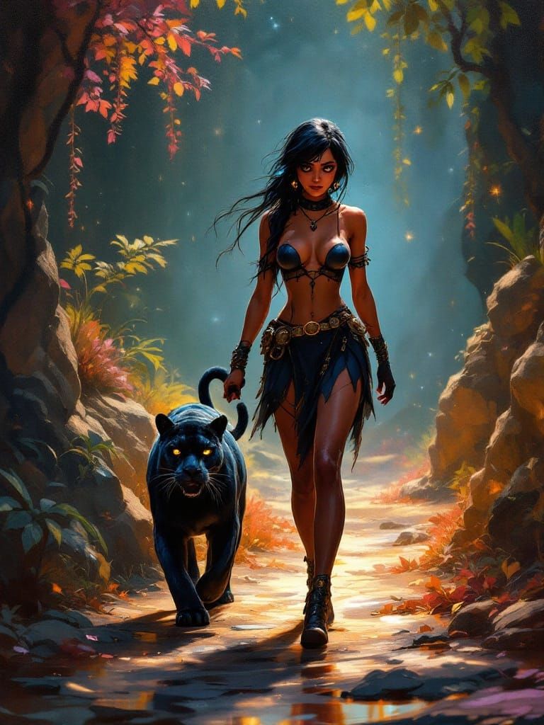 Cavewoman Ladybug with Black Panther in Prehistoric Land Oil...