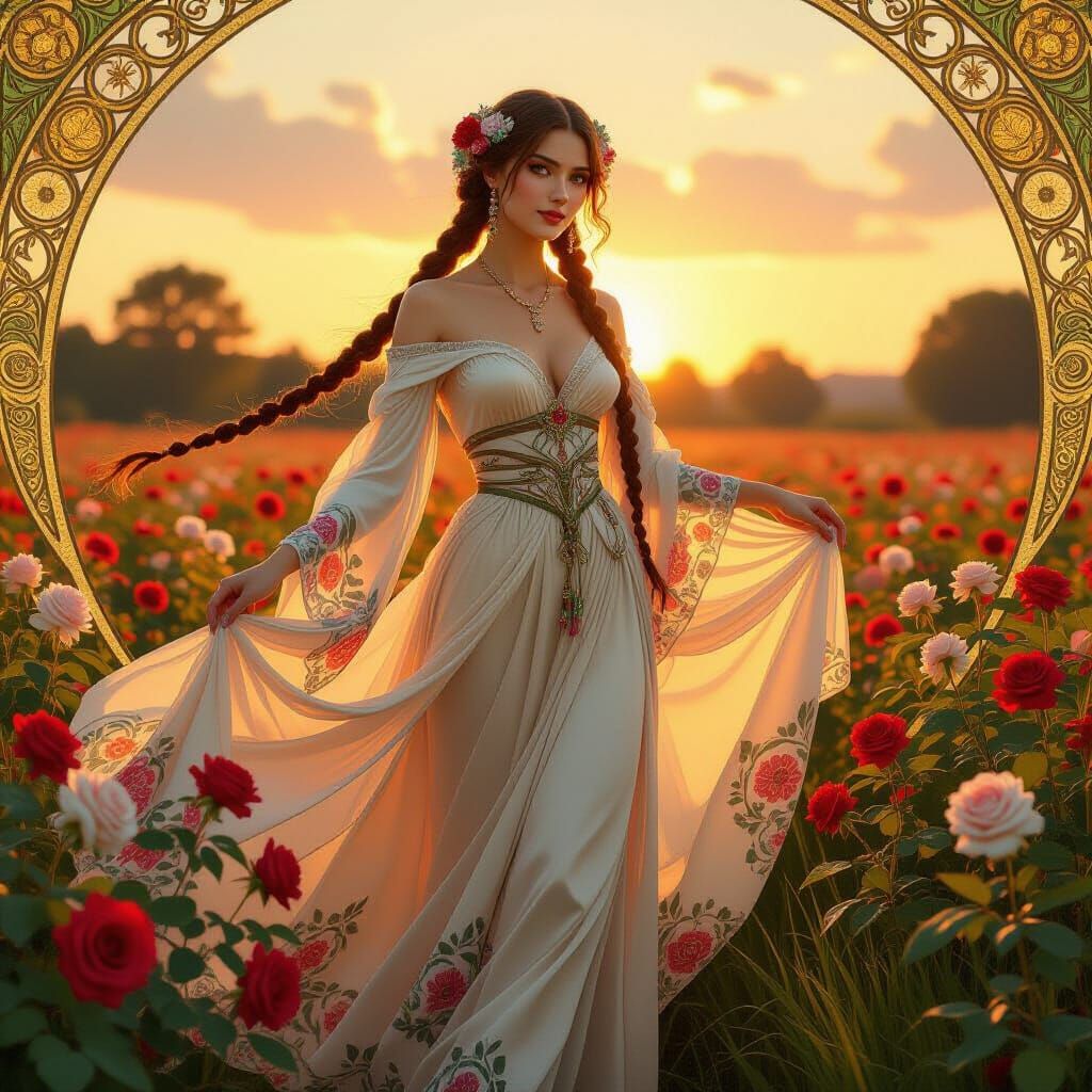 Sorceress in Rose Field: Art Nouveau Style