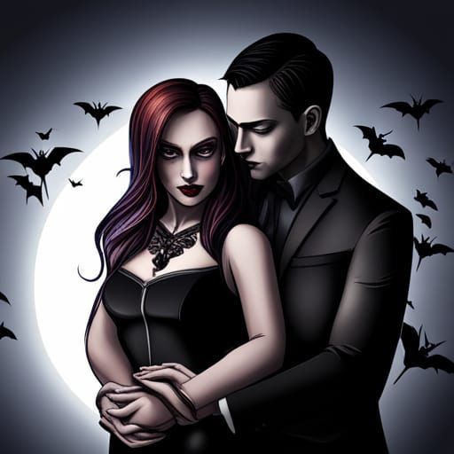 Gothic Vampire Couple Embrace Under Moonlight