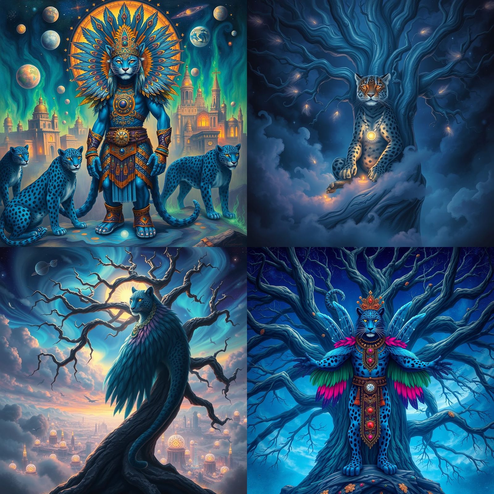Blue Jaguar Shaman in Celestial Cityscape