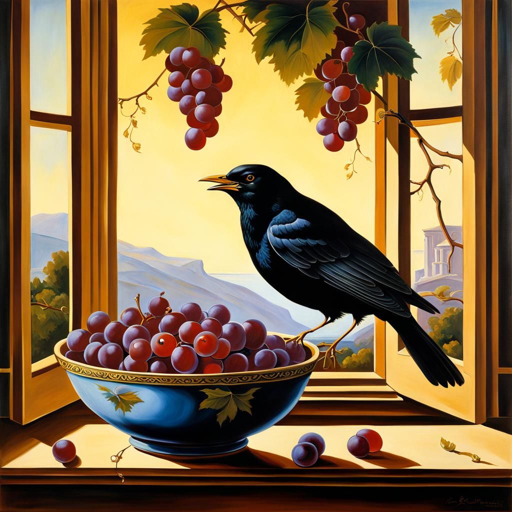 Blackbird Stealing Grapes: Surreal Oil Painting