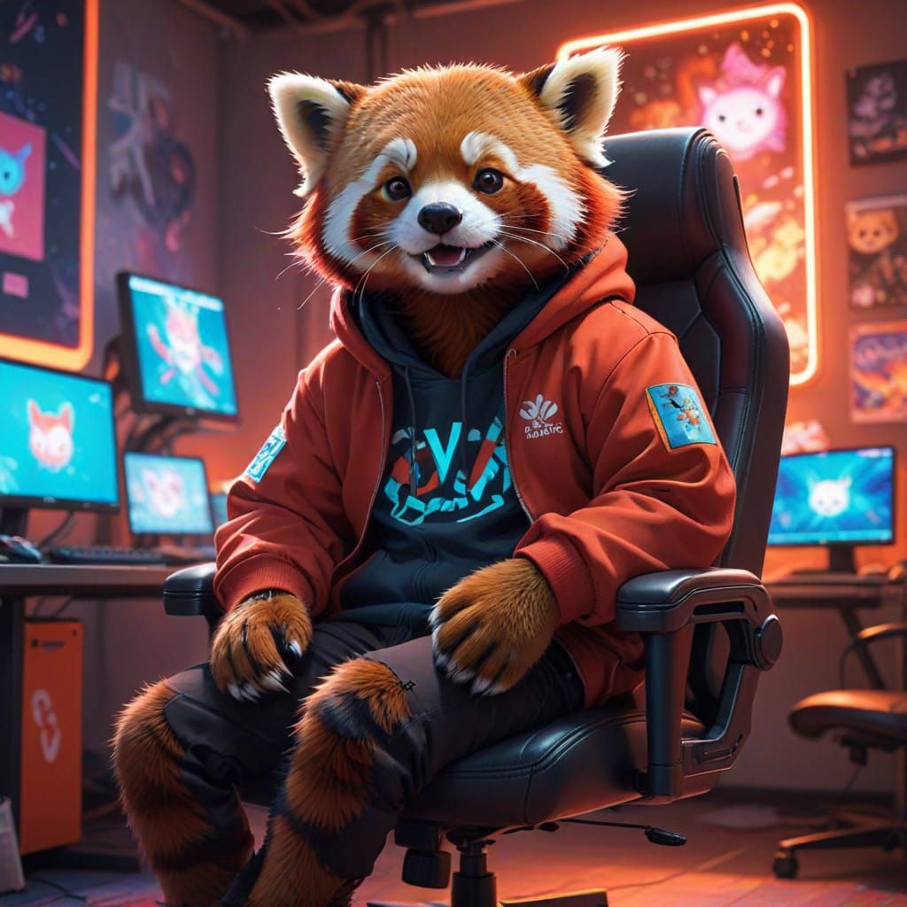 Adorable Red Panda Gamer in Neon Paradise