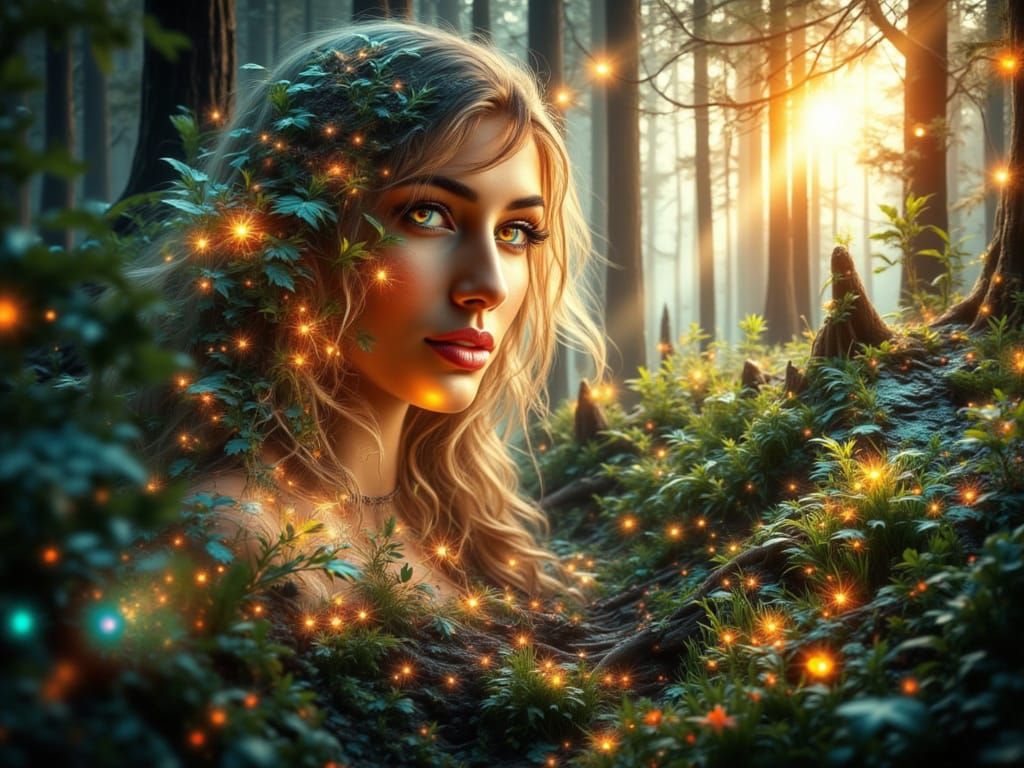 Serene Woman Merged with Enchanted Forest