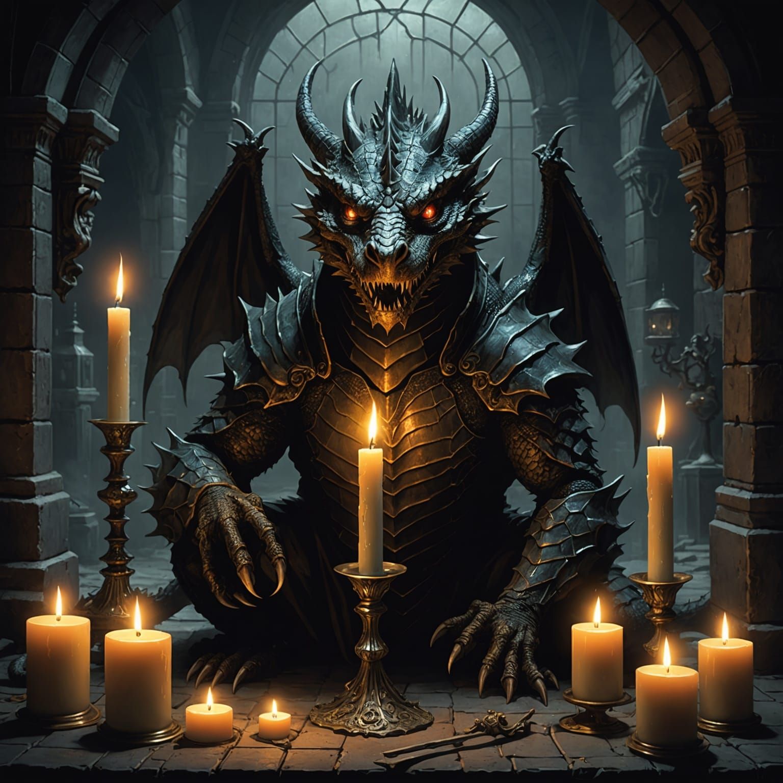 Dragon Lights Candles: Dark Fantasy Illustration