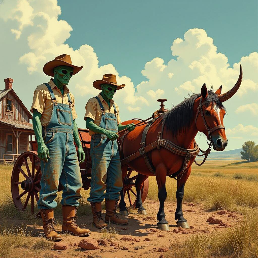 Hillbilly Aliens Harnessing Scaly Creature on Distant Planet