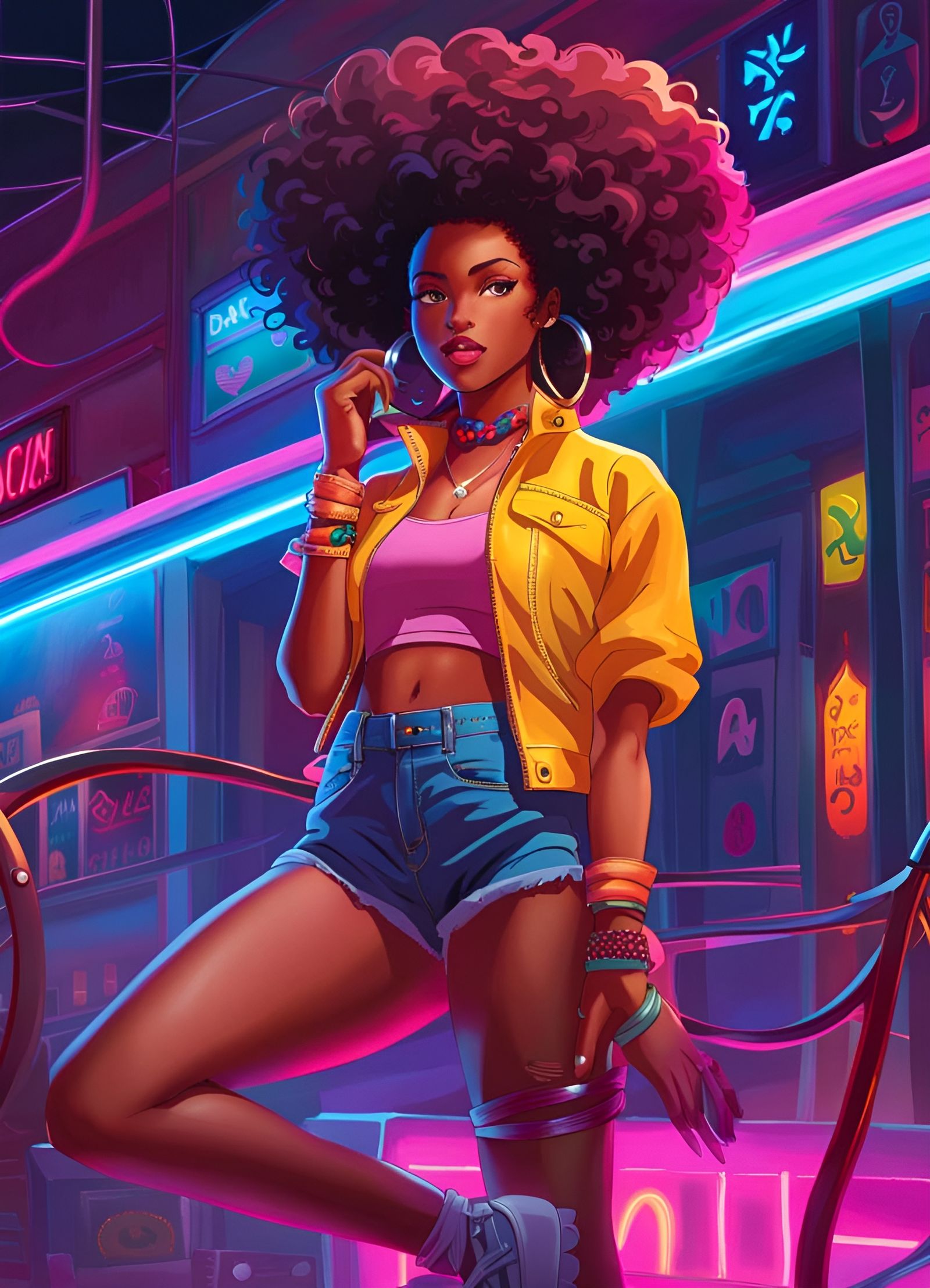 Black Woman in 80s Neon Fashion Anime Style