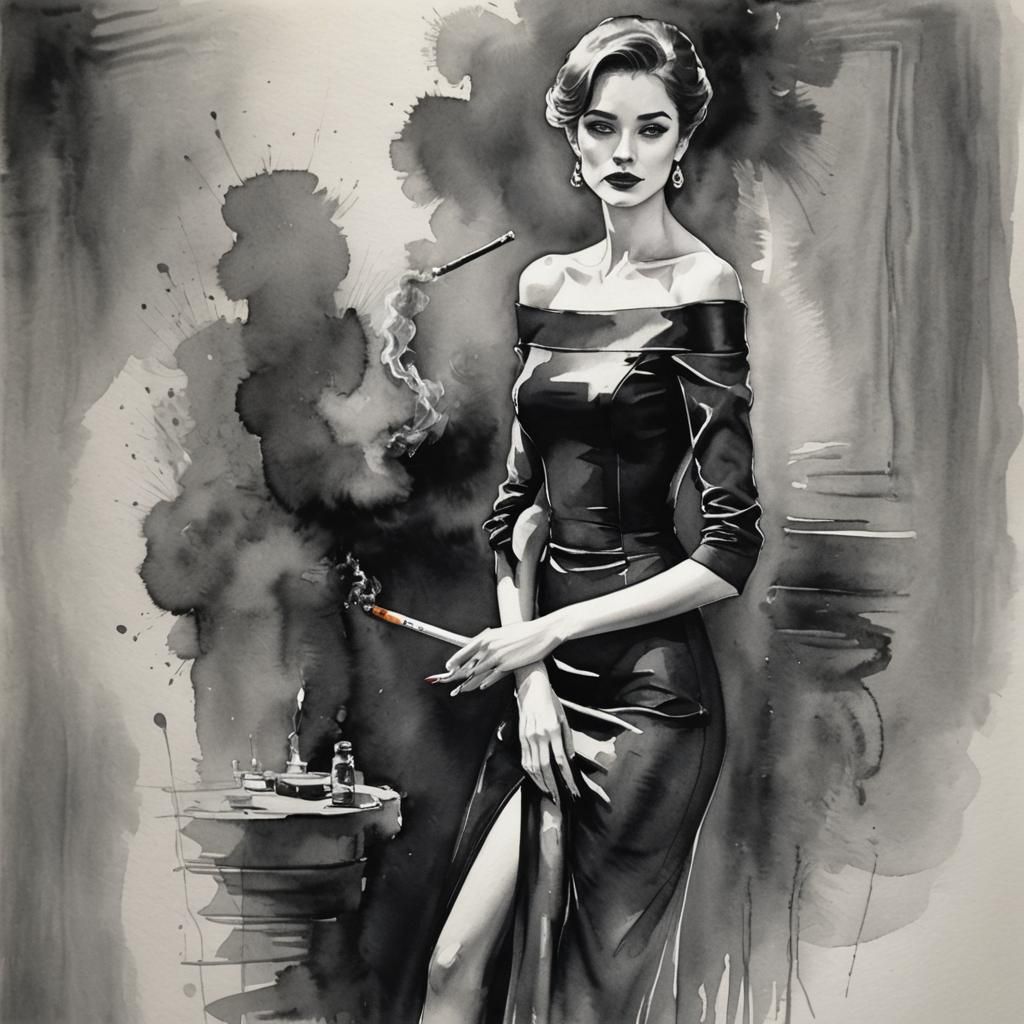 Elegant Woman in Black Dress: Watercolour Charcoal Drawing