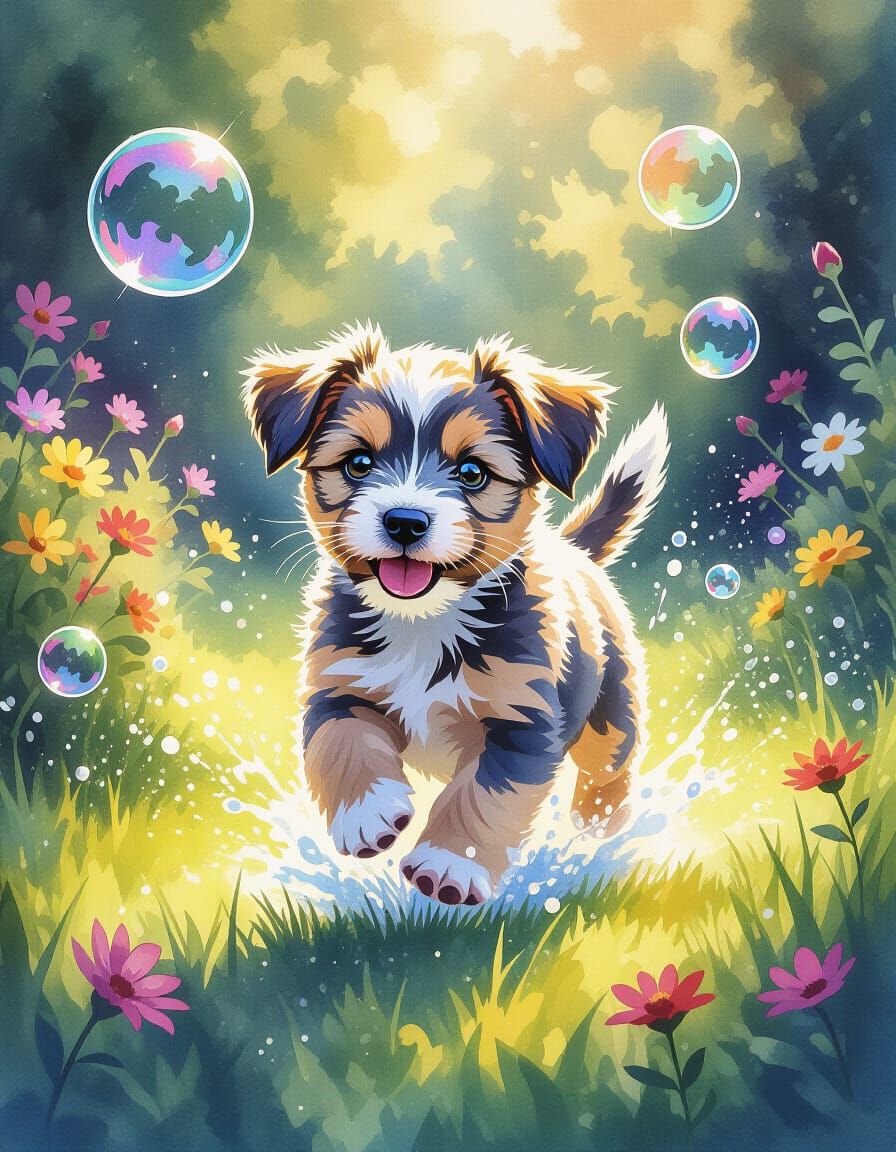 Puppy's Joyful Bubble Chase: Watercolor Splash Art