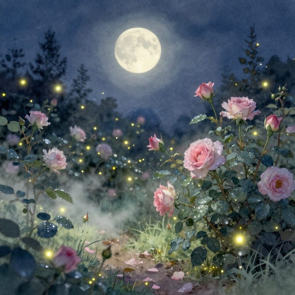 Moonlit Garden with Dancing Fireflies in Watercolor