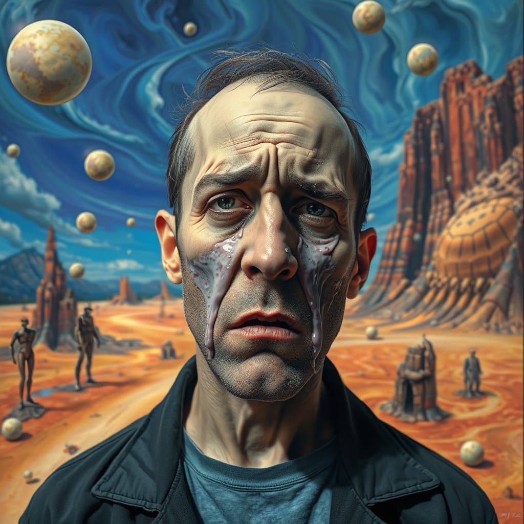 Surreal Melted Face in Dreamlike Landscape