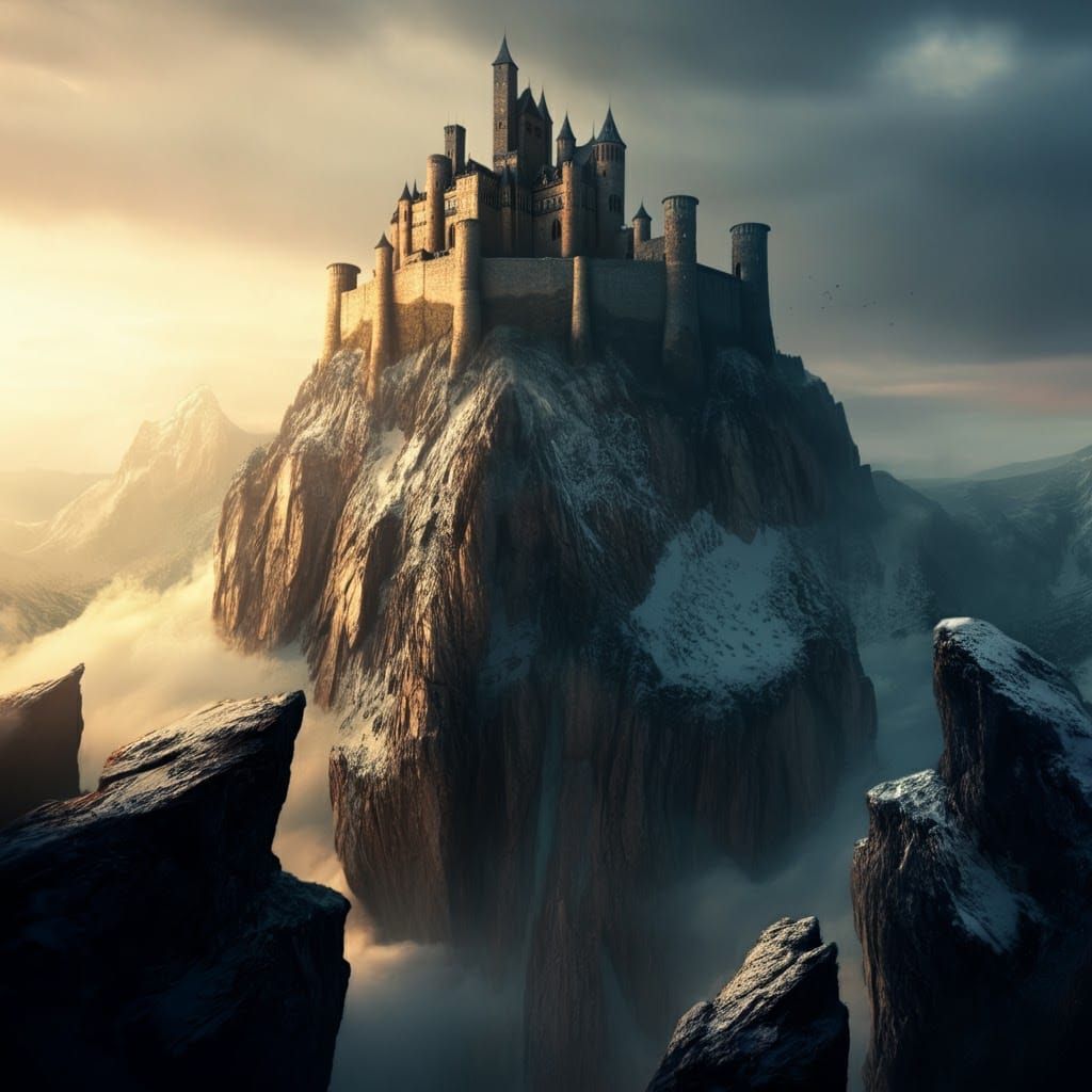 Majestic Castle on Snowy Peak in Digital Matte Painting