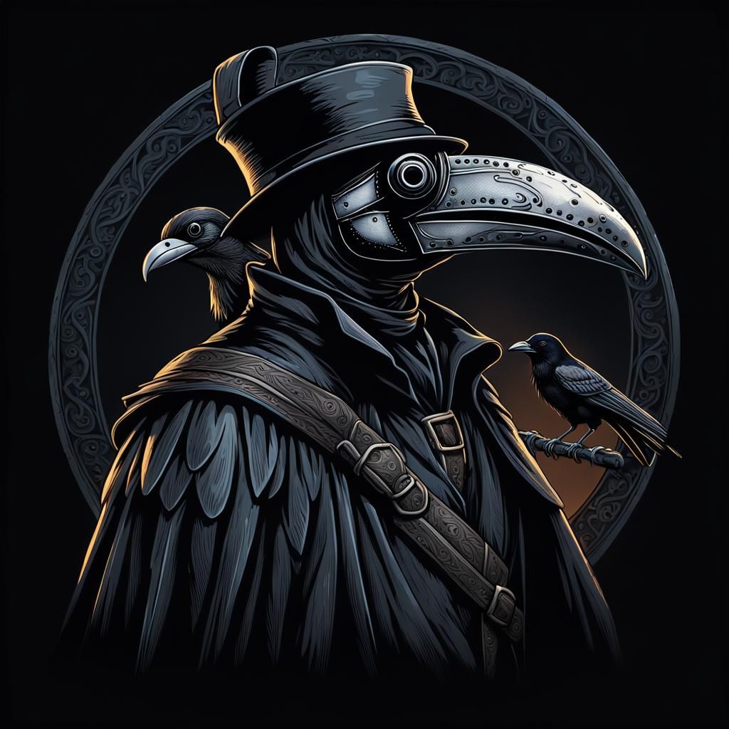 Plague Doctor with Crow in Tattoo Style