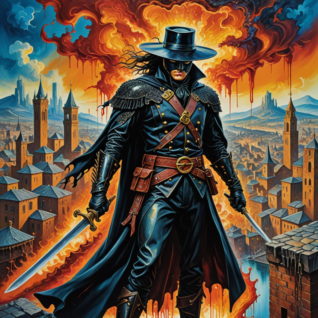 Surreal Zorro in Flamboyant Costume, Sword in Hand, Amidst M...