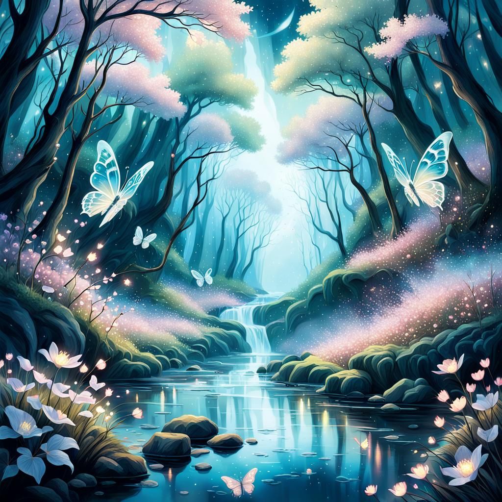Magical Forest with Glowing Blossoms in Fantasy Style