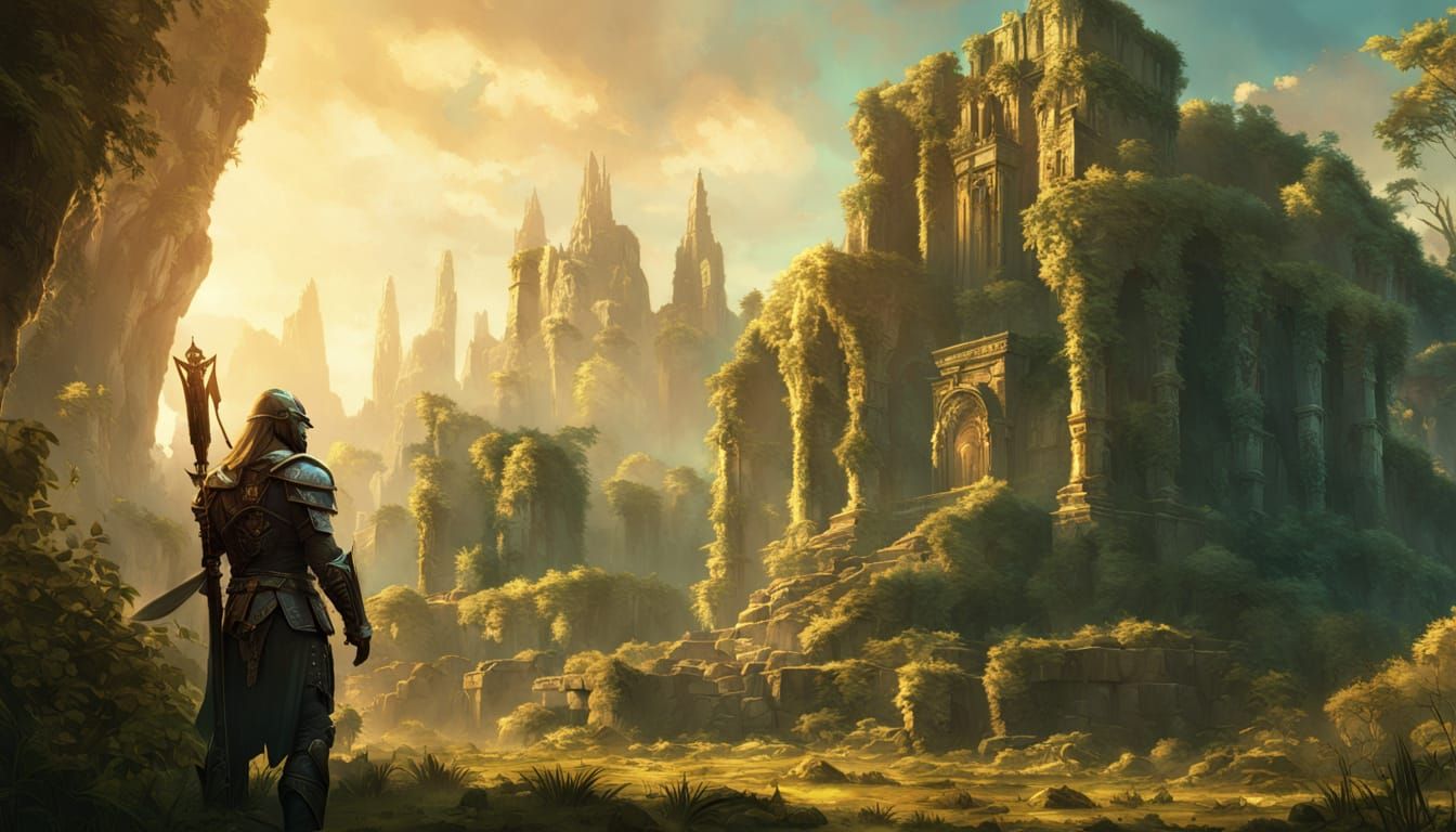 Epic Warrior in Ancient City Ruins, Fantasy Digital Art