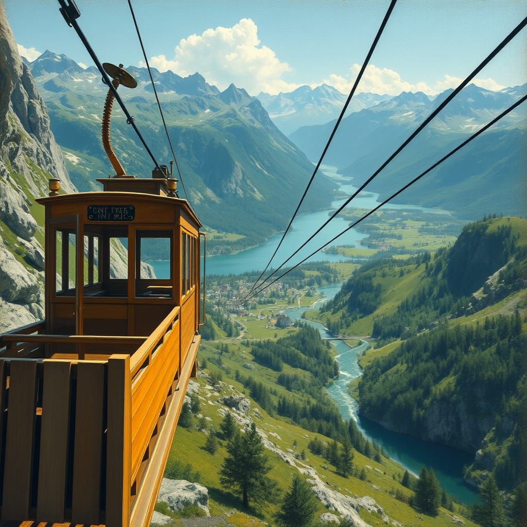 Vintage Cable Car Glides Through Crystal Clear Mountain Air