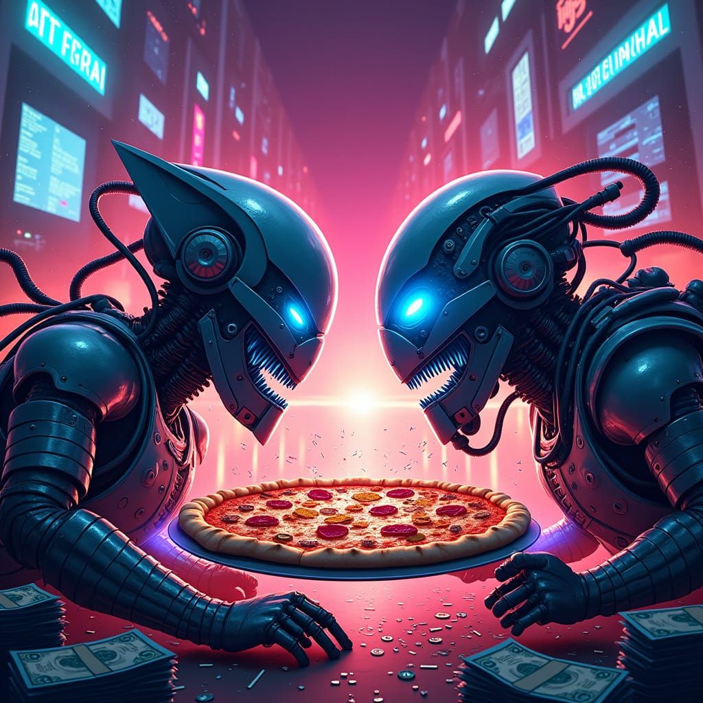 Neon Cyberpunk Computer Fight for Pizza Supremacy