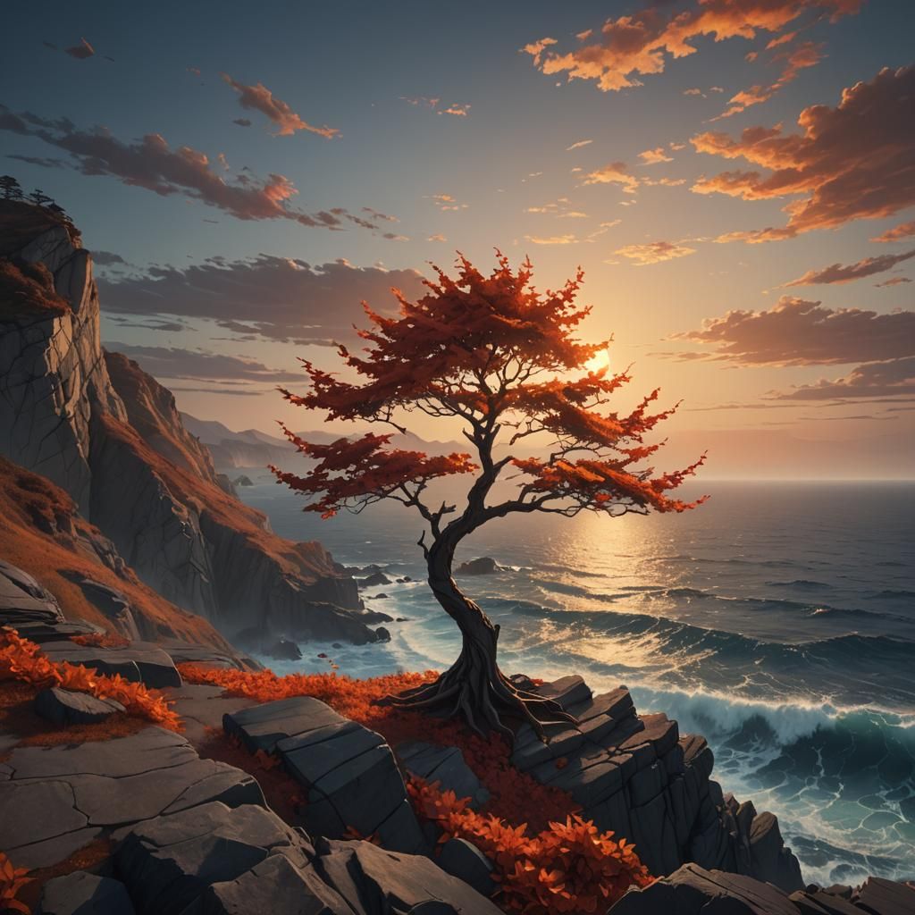 Magical Seascape: Windswept Tree at Dusk