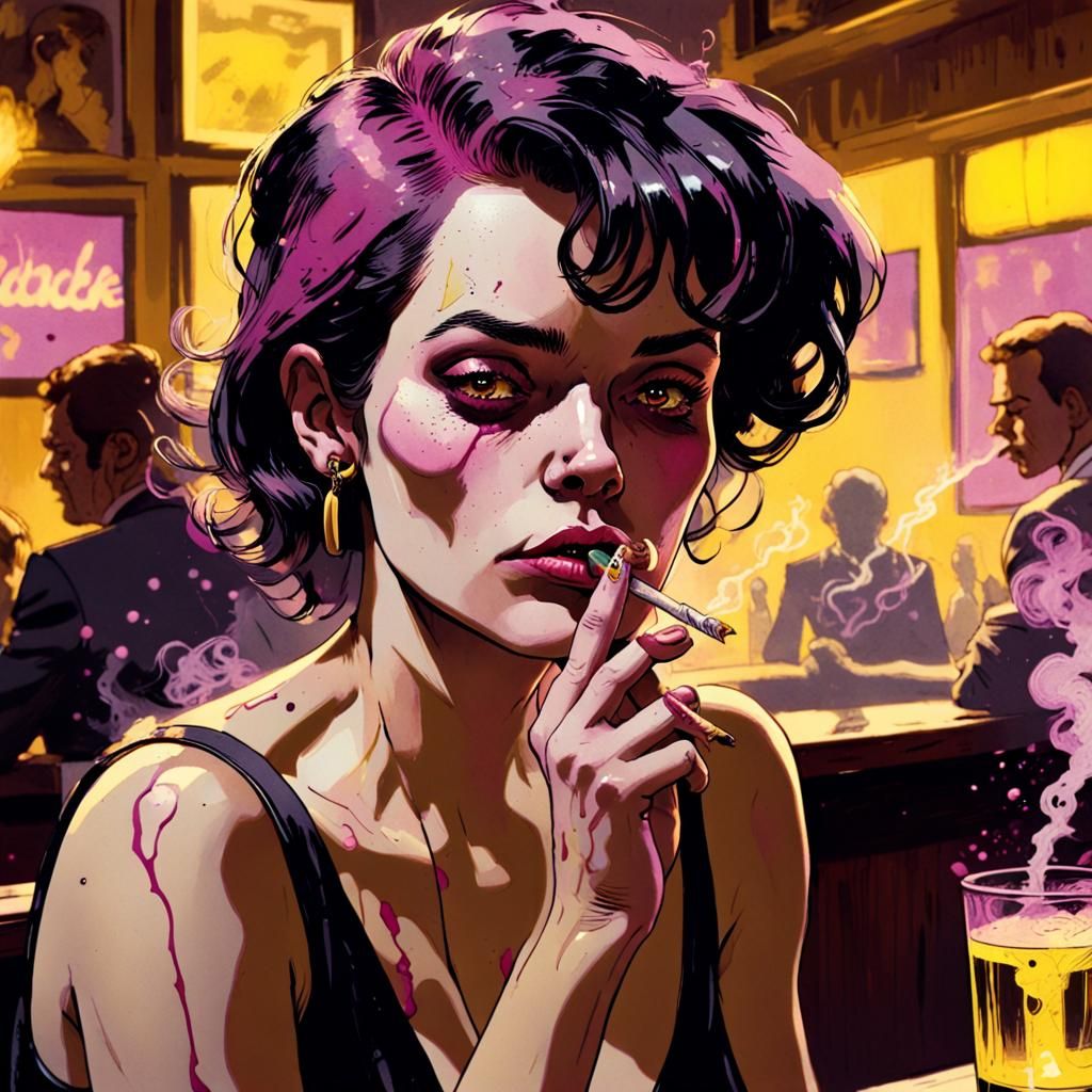 Woman Smoking in Bar: Comic Book Pulp Art