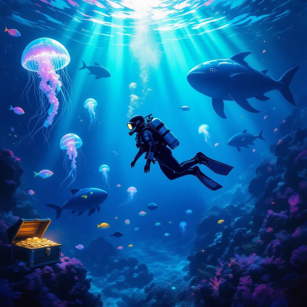 Diver Finds Sunken Treasure in Bioluminescent Ocean