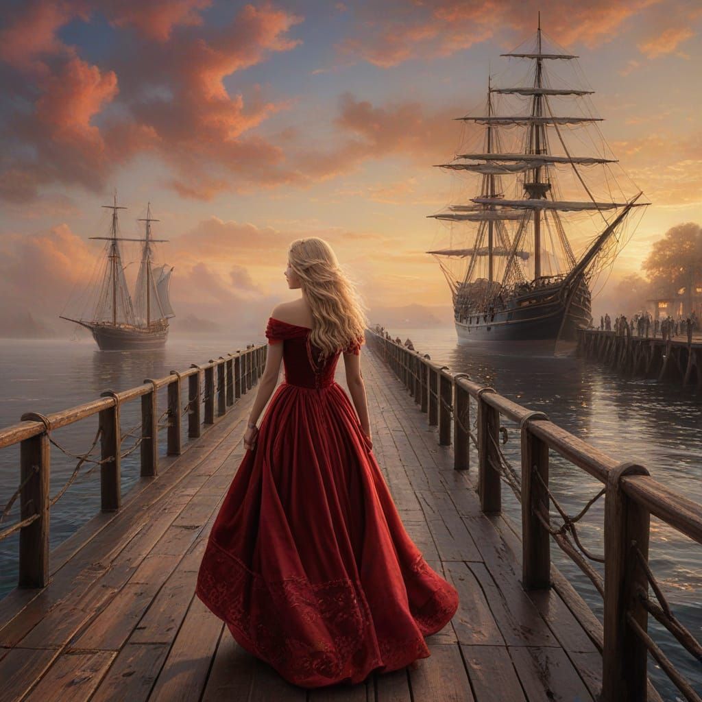 Blonde Woman in Red Velvet on Pier