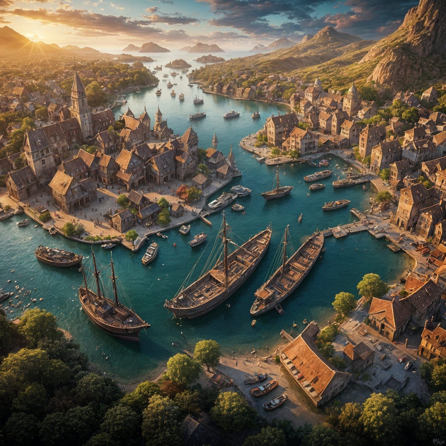 Fantasy Harbor Sunset from Above: Concept Art