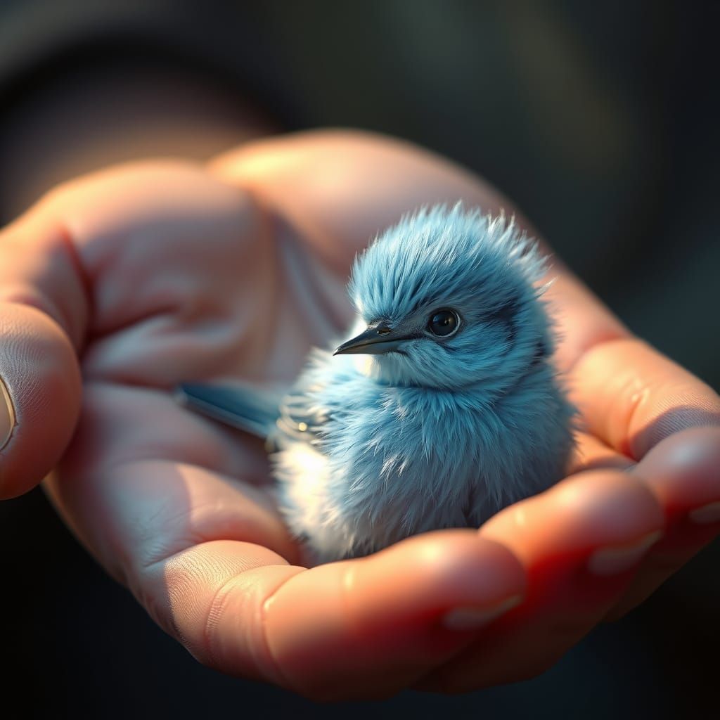 Fluffy Blue Bird in Hand: Matte Painting