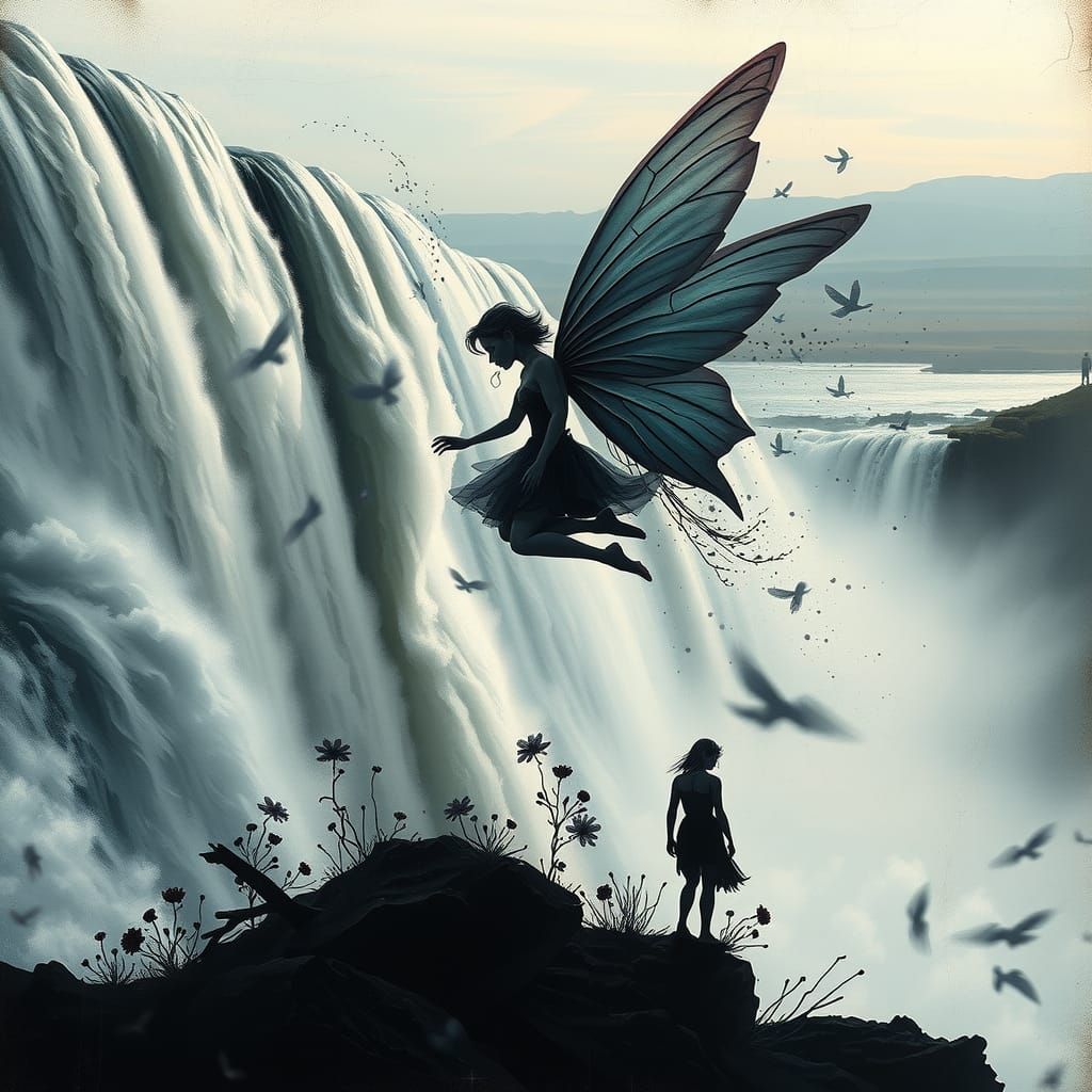 Fairy Amidst Waterfalls: A Post-Impressionist Double Exposur...