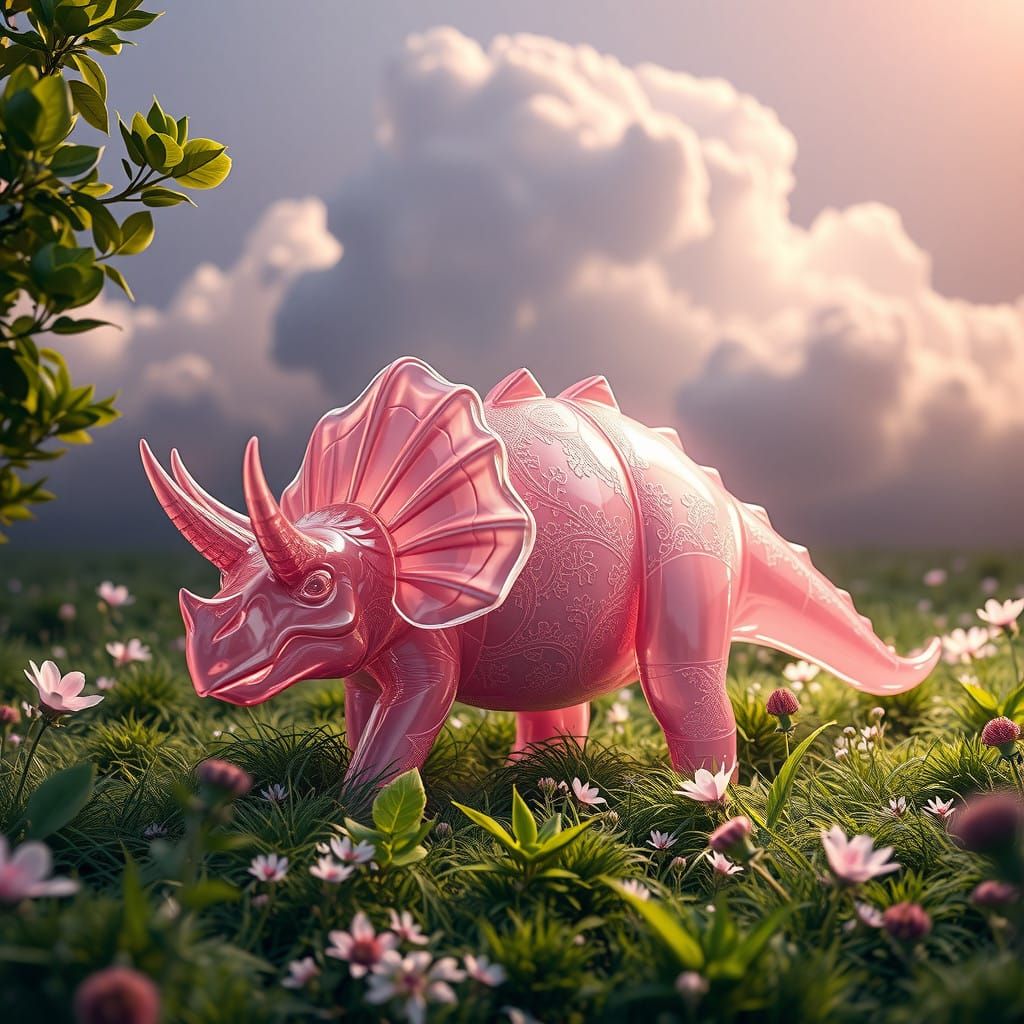Glass Triceratops in a Lush Meadow