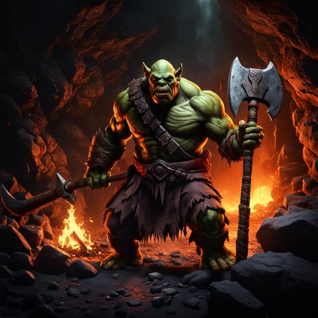 Orc and Ogre in Dark Cave, Detailed Matte Painting