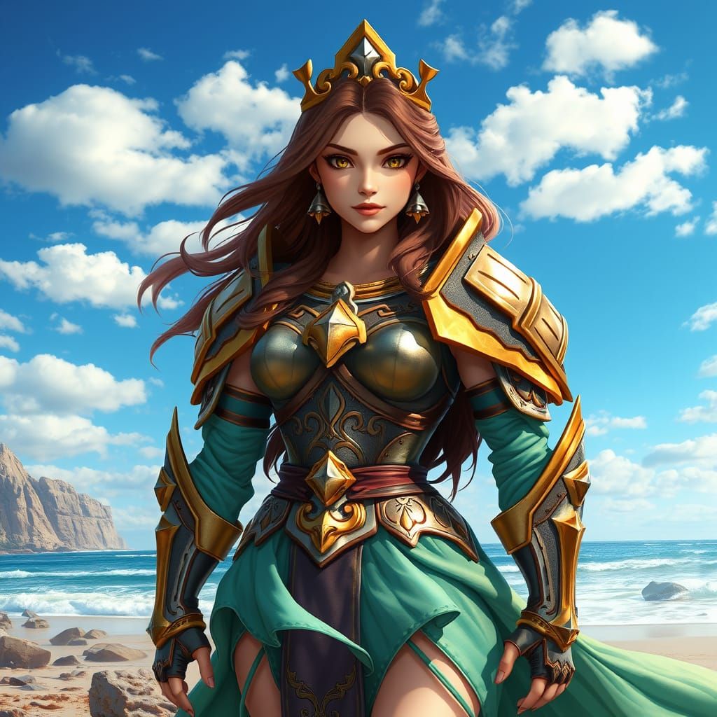 Fearsome Warrior Princess in Shimmering Armor on the Beach