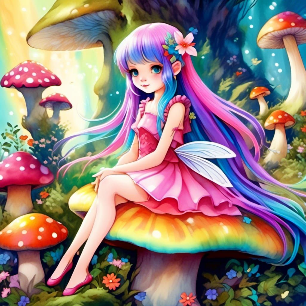 Rainbow Haired Fairy on Mushroom in Fairyland