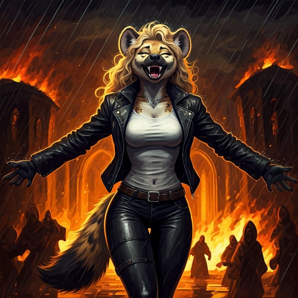 Apocalyptic Hyena Revels in Fiery Rain, Impasto Acrylic