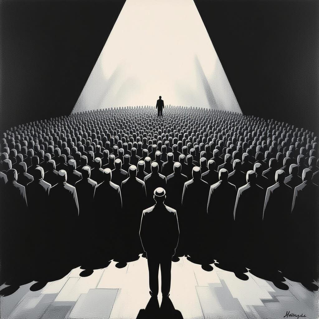 Expressionist Painting of Faceless Figures Forming a Politic...