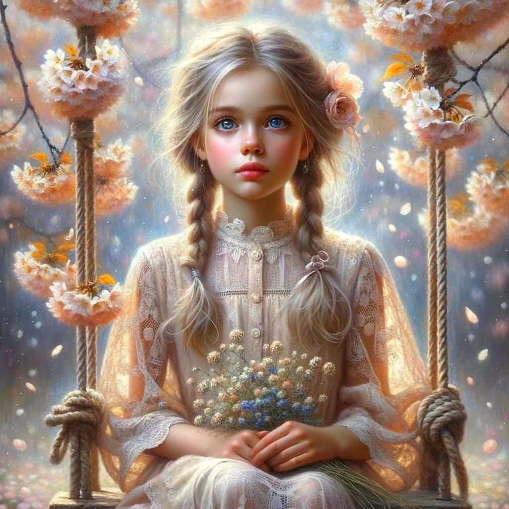 Girl on Swing Beneath Cherry Blossoms, Soft Focus Realism