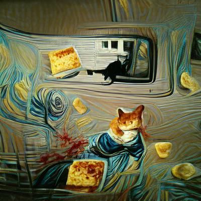 Cat solving a crime while eating lasagna film noir Van Gogh