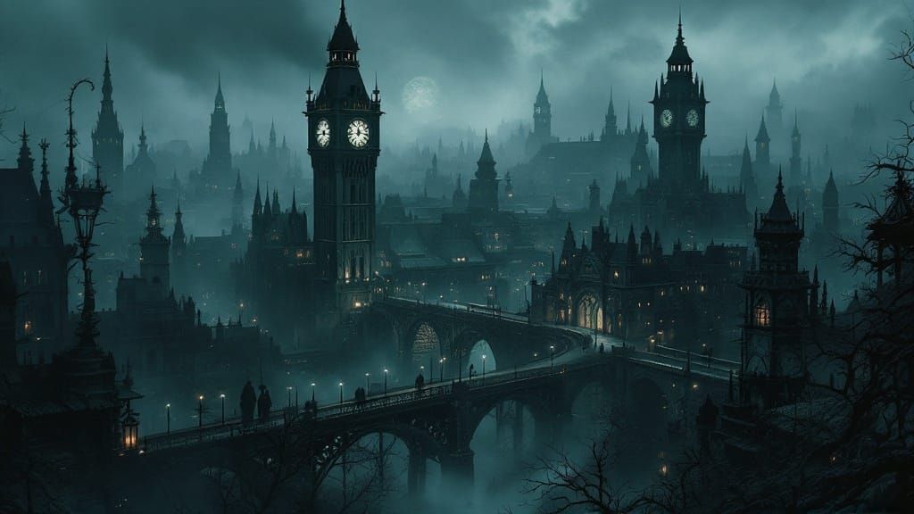 Steampunk Cityscape at Night in Gothic Style
