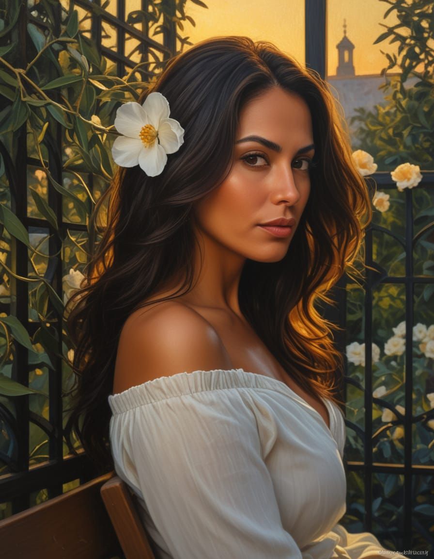 Romantic Realism Woman in Garden Trellis